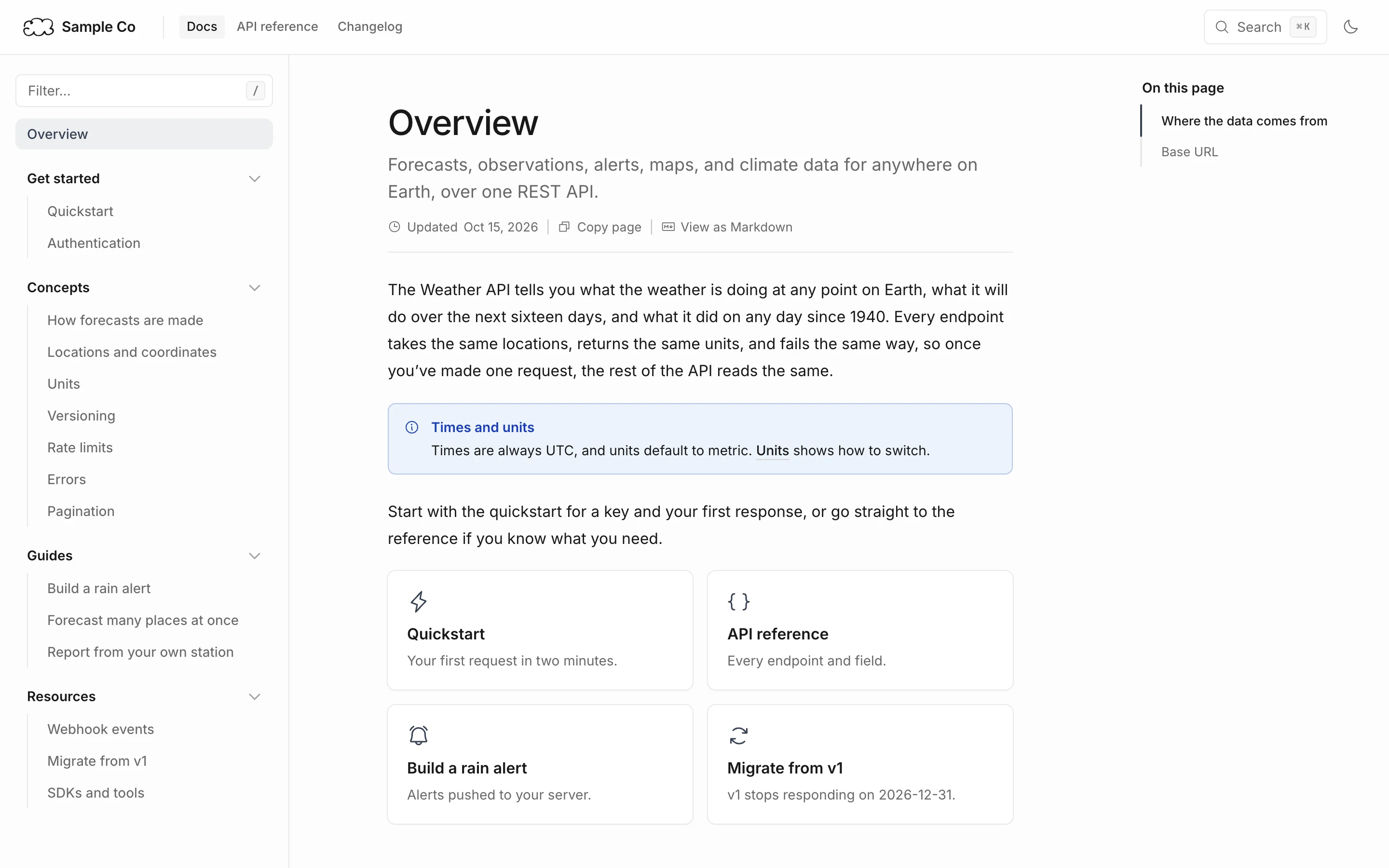 The Sample Co docs overview page, built with Nimbus.